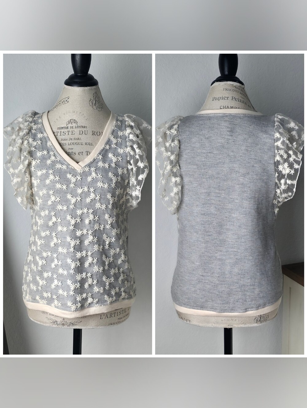 AMADI x ANTHROPOLOGIE Applique Floral Flutter Short Sleeve Top White&Gray Small - Picture 2 of 8
